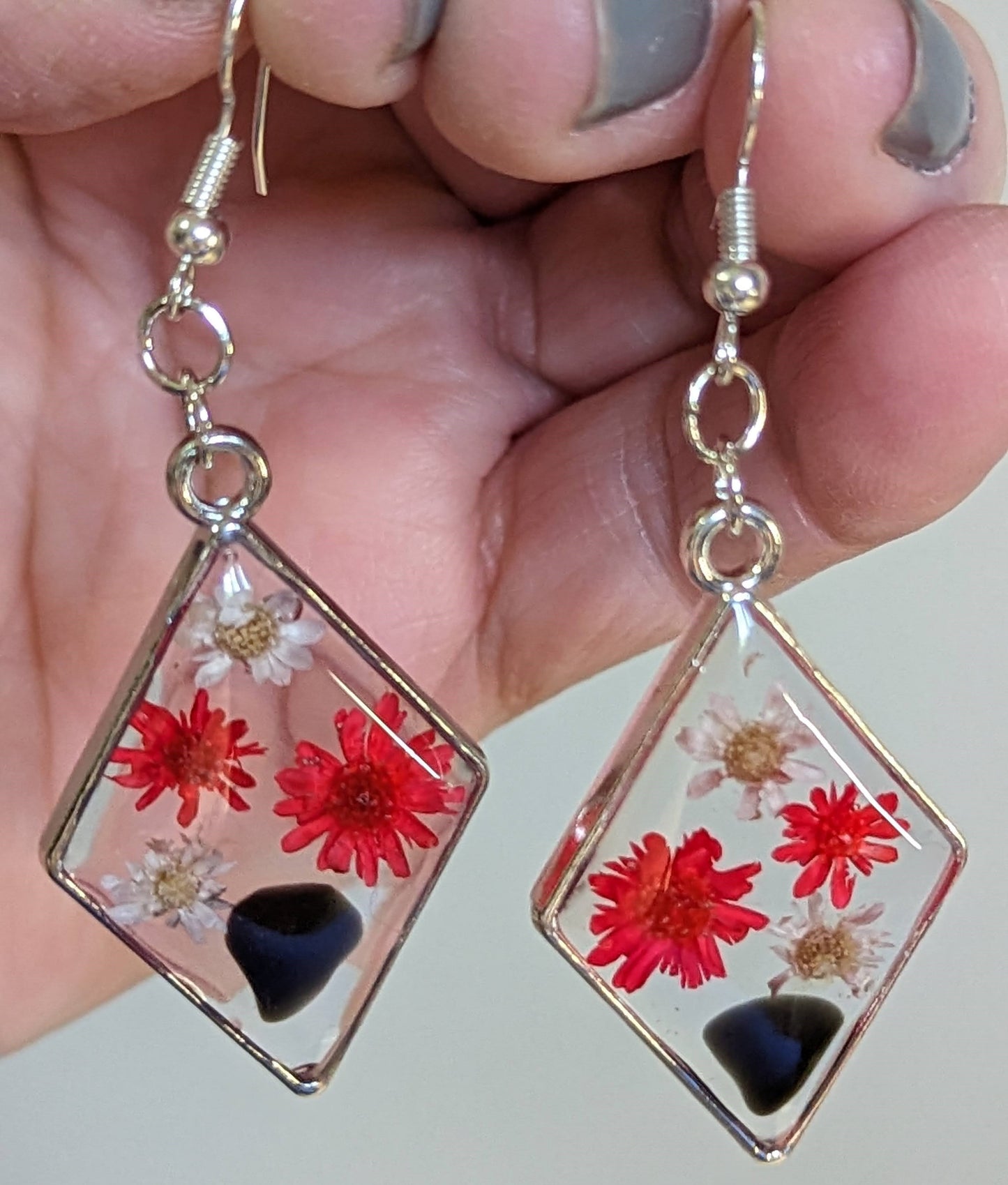 Red & White Daisy and Black Onyx Diamond Earrings