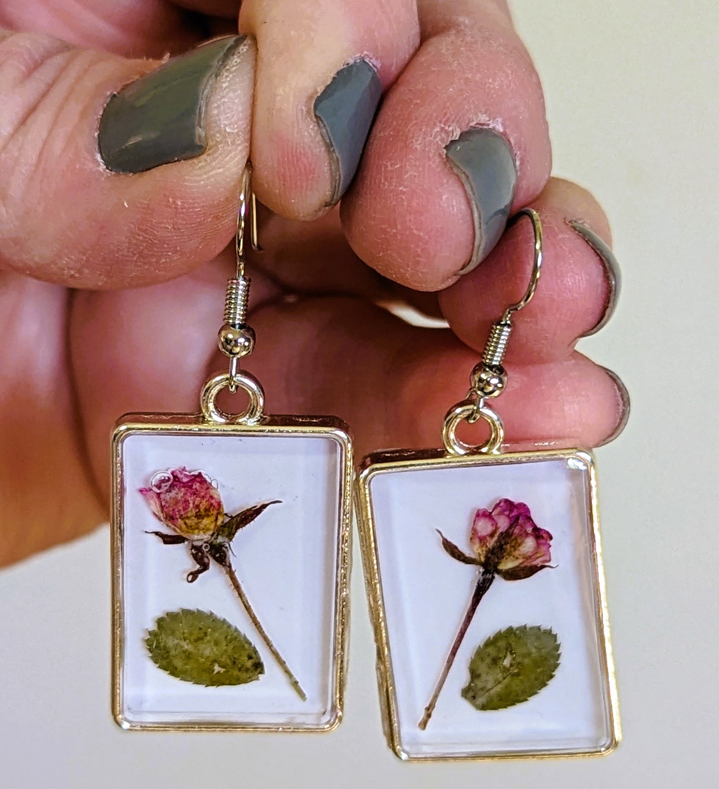 Pink & Yellow Rose Rectangle Earrings