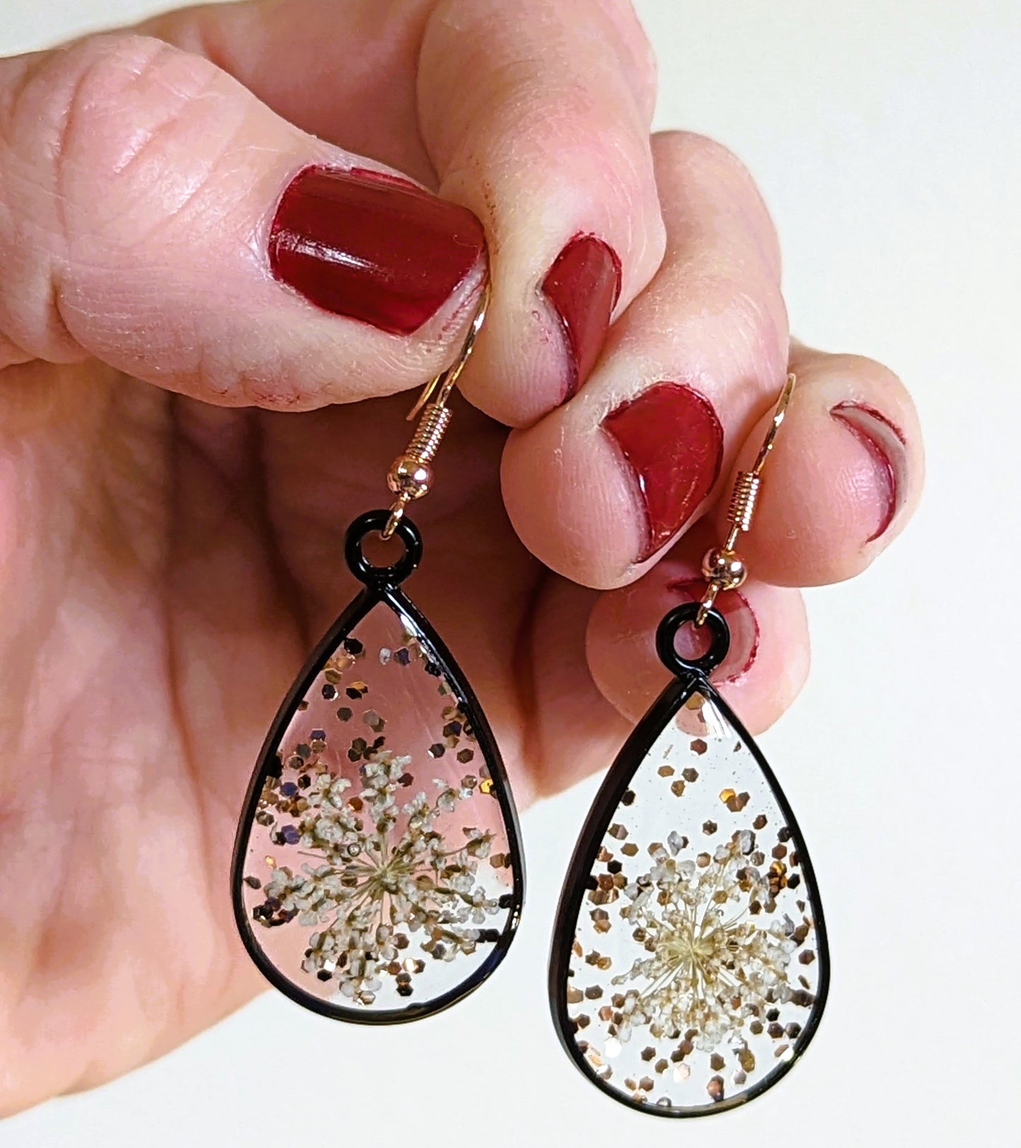 Queen Anne's Lace & Copper Glitter Droplet Earrings