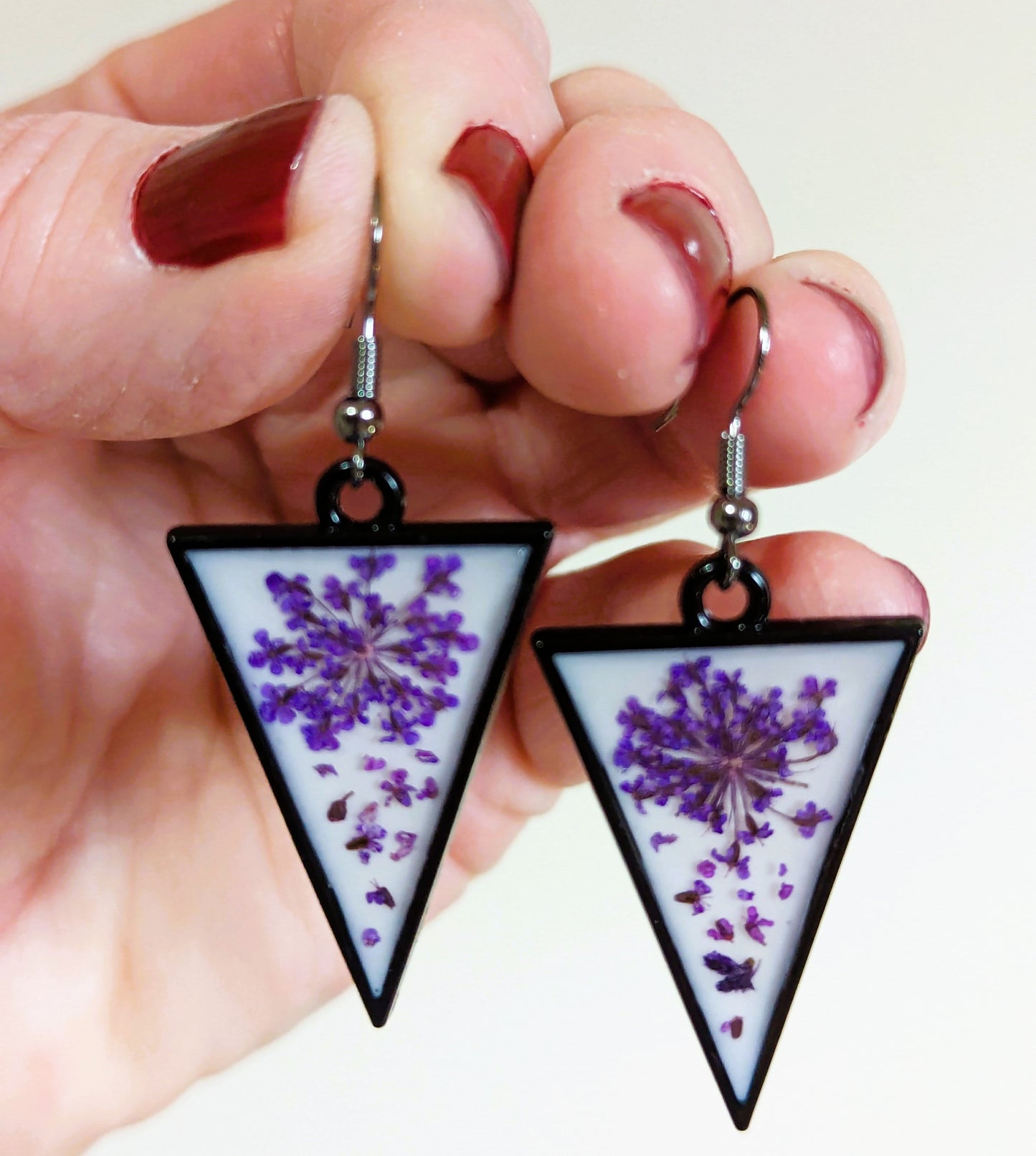 Purple Queen Anne's Lace Triangle Earrings