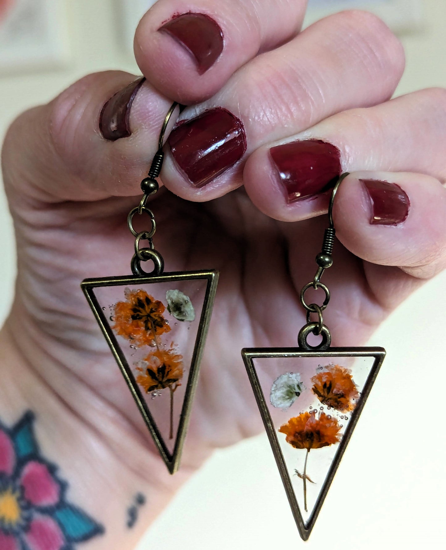 Orange & White Baby's Breath Triangle Earrings