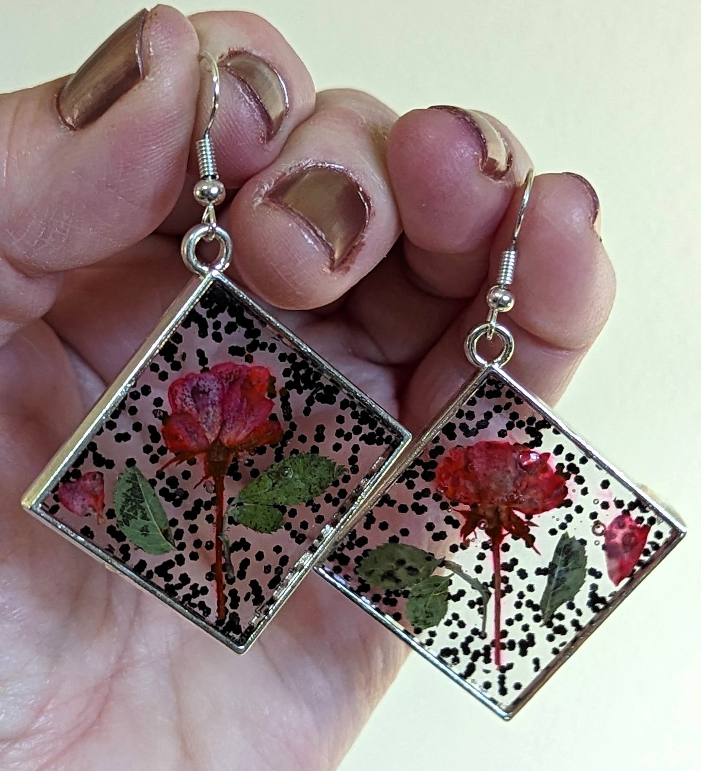 Red Rose & Glitter Square Earrings