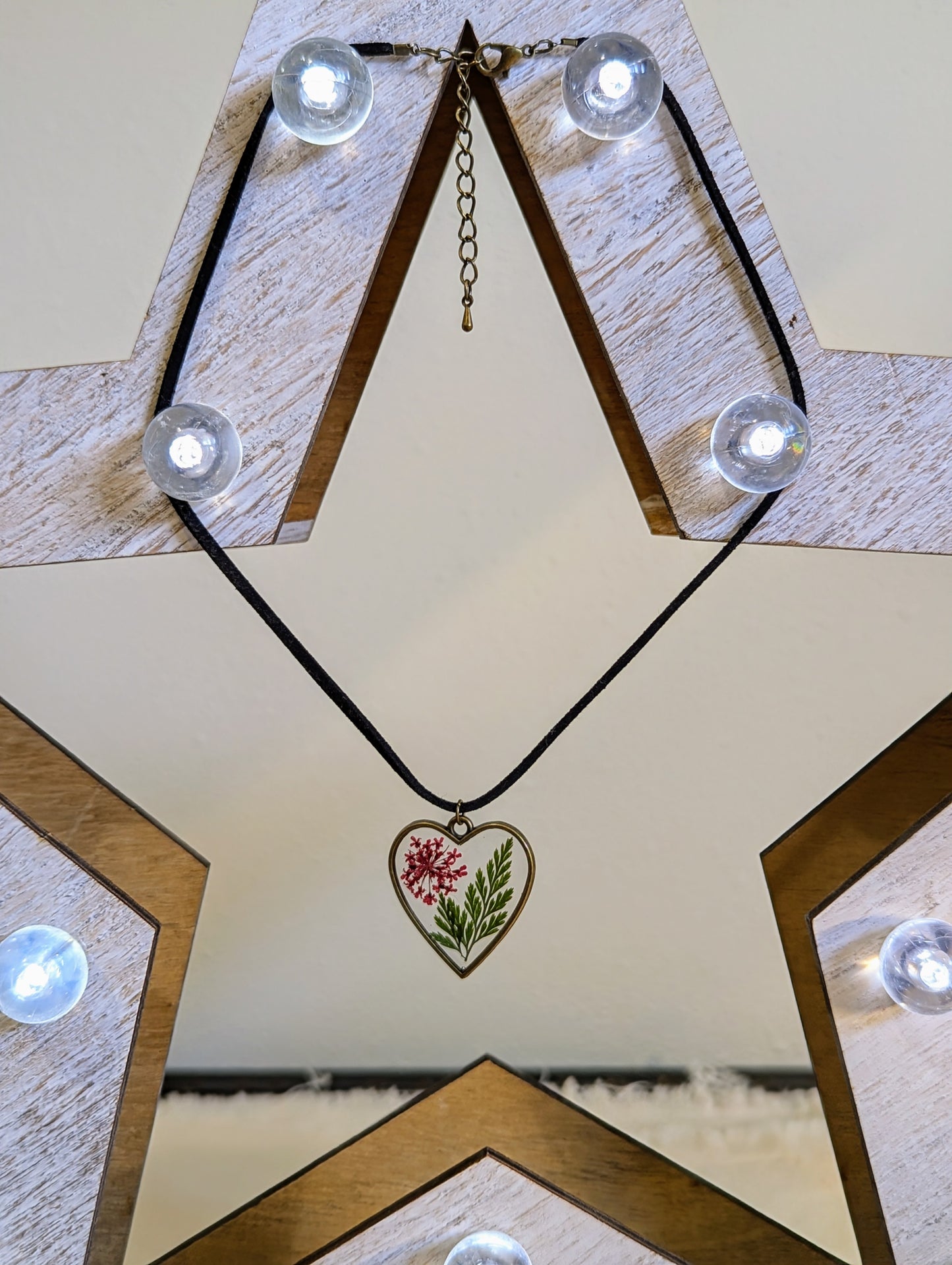 Red Queen Anne's Lace & Fern Heart Necklace