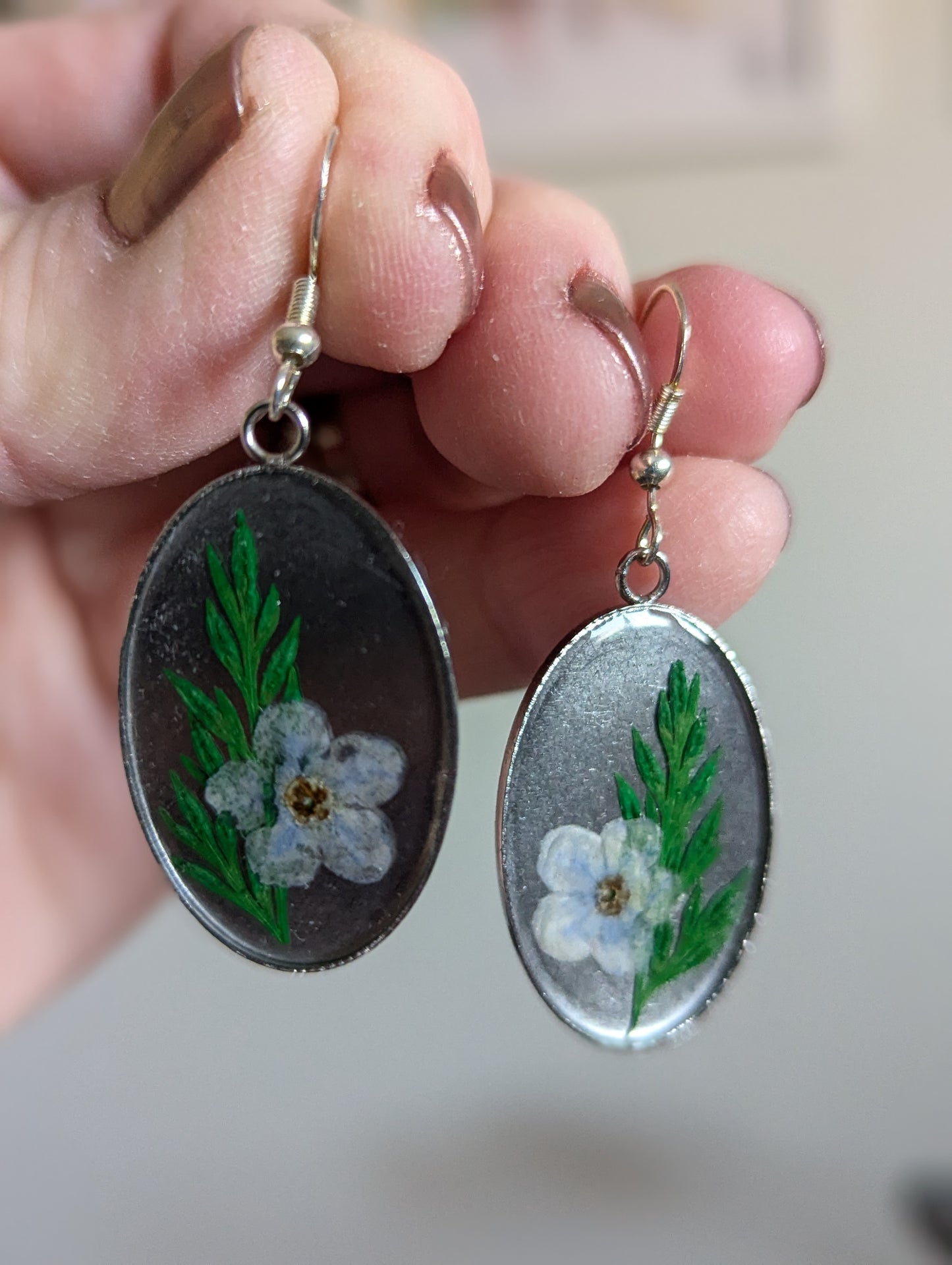 Light Blue Wildflower & Fern Stainless Steel Oval Earrings