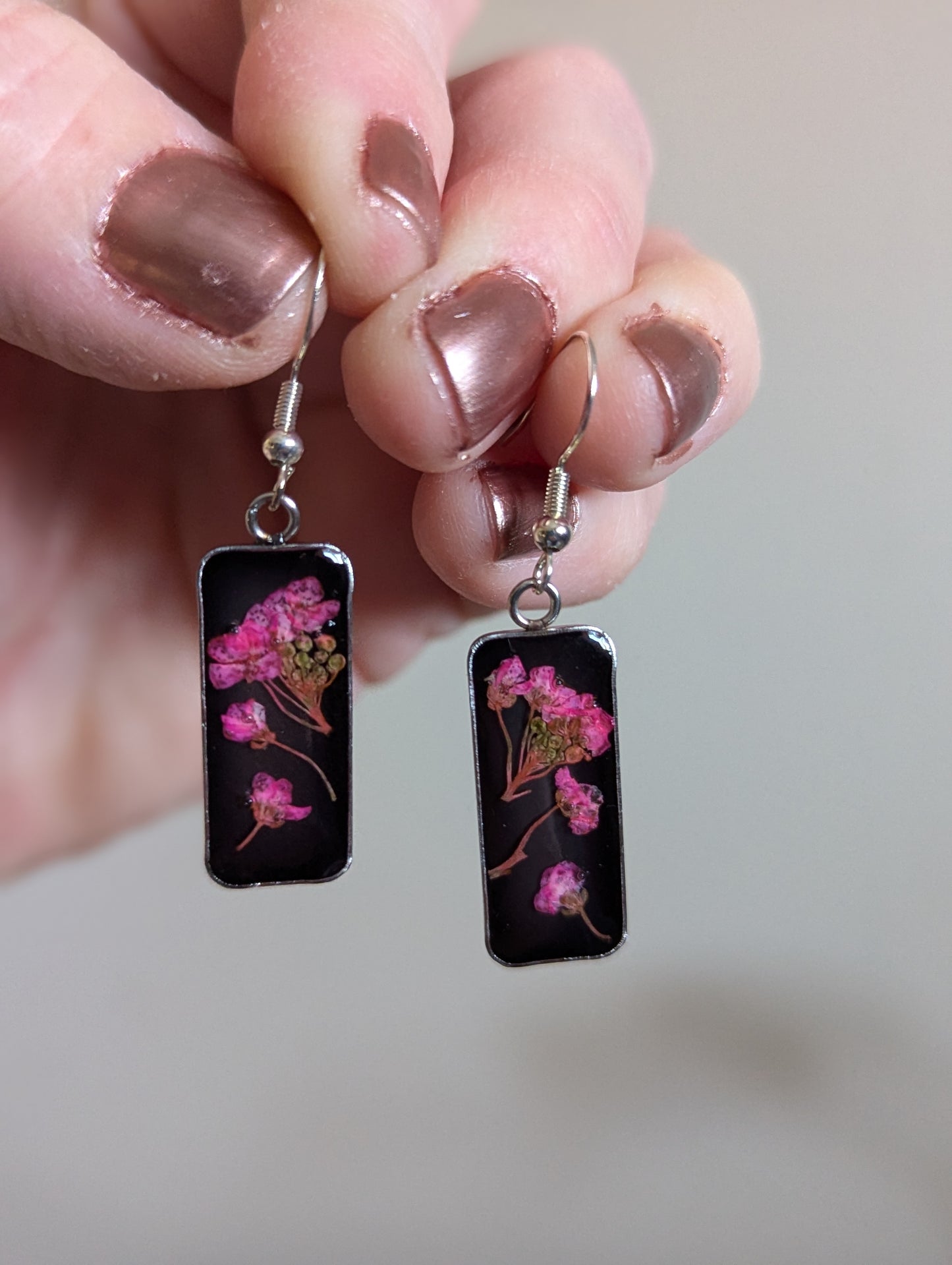 Pink Wildflower Stainless-Steel Rectangle Earrings