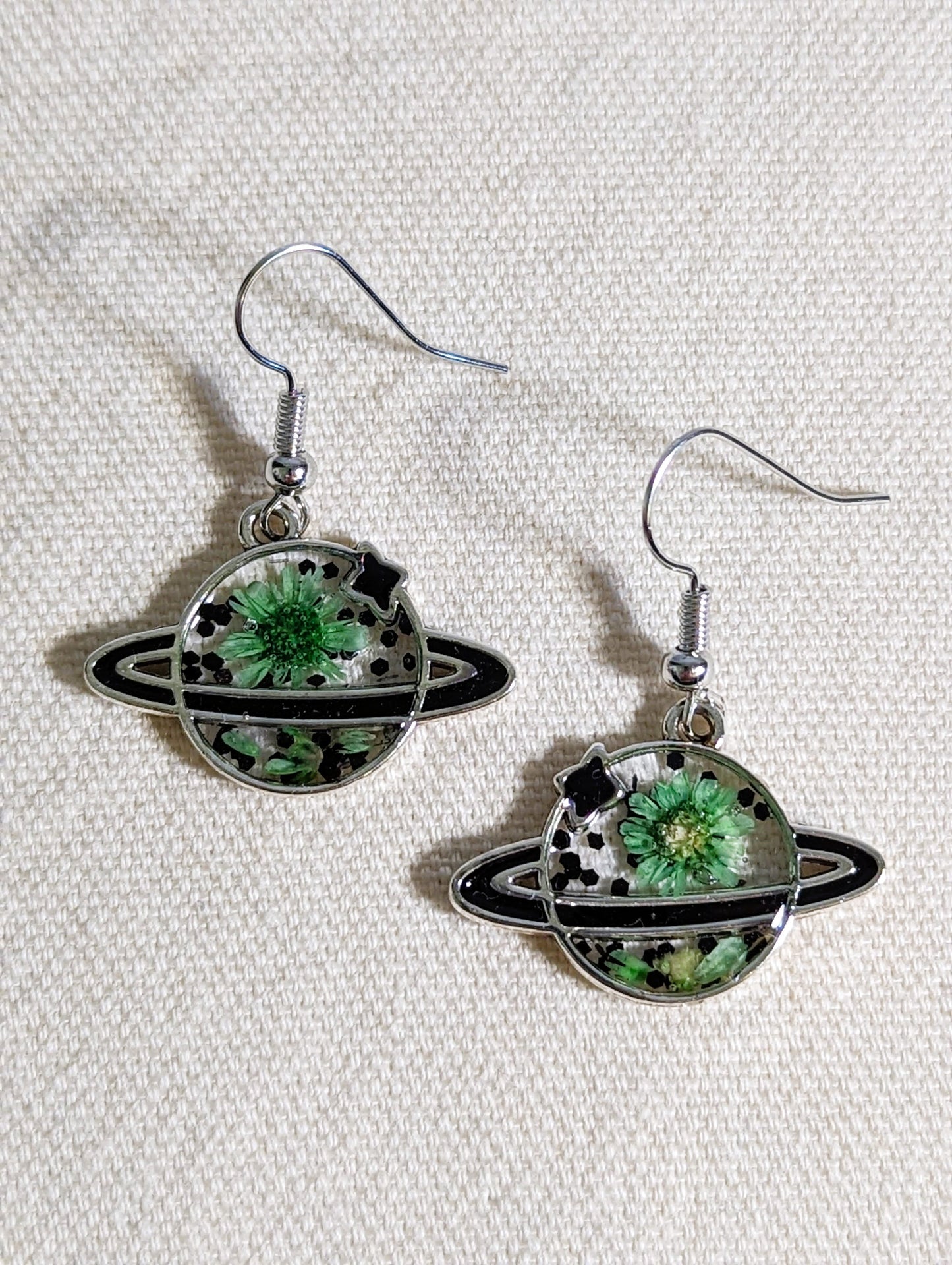 Green Daisy & Black Glitter Saturn/Planet Earrings
