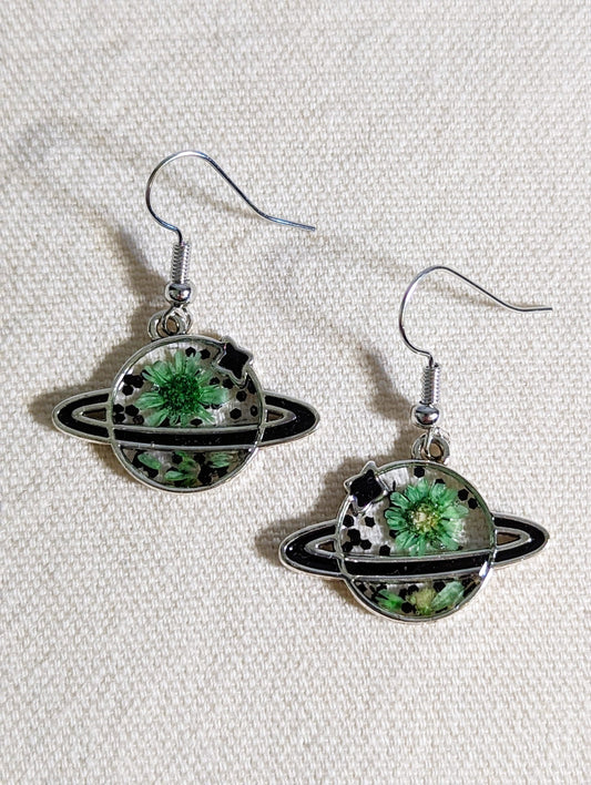 Green Daisy & Black Glitter Saturn/Planet Earrings