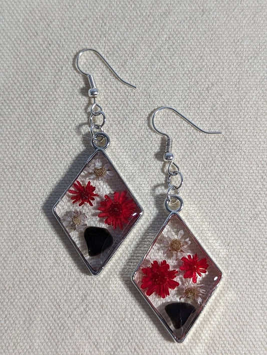 Red & White Daisy and Black Onyx Diamond Earrings