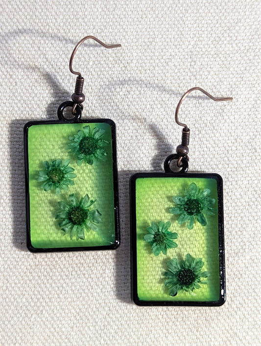 Green Daisy Rectangle Earrings