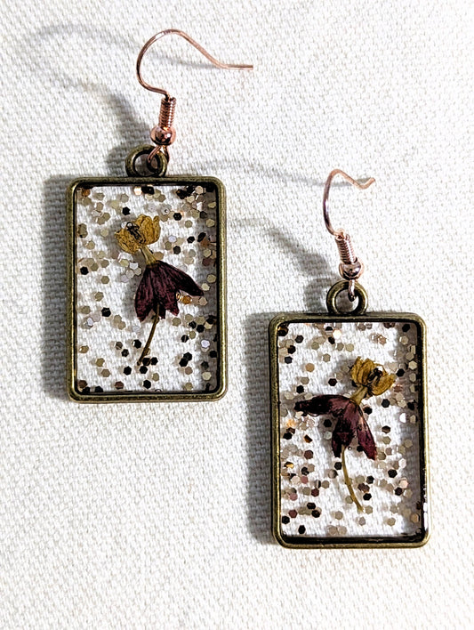 Dancing Grass Flower & Copper Glitter Rectangle Earrings