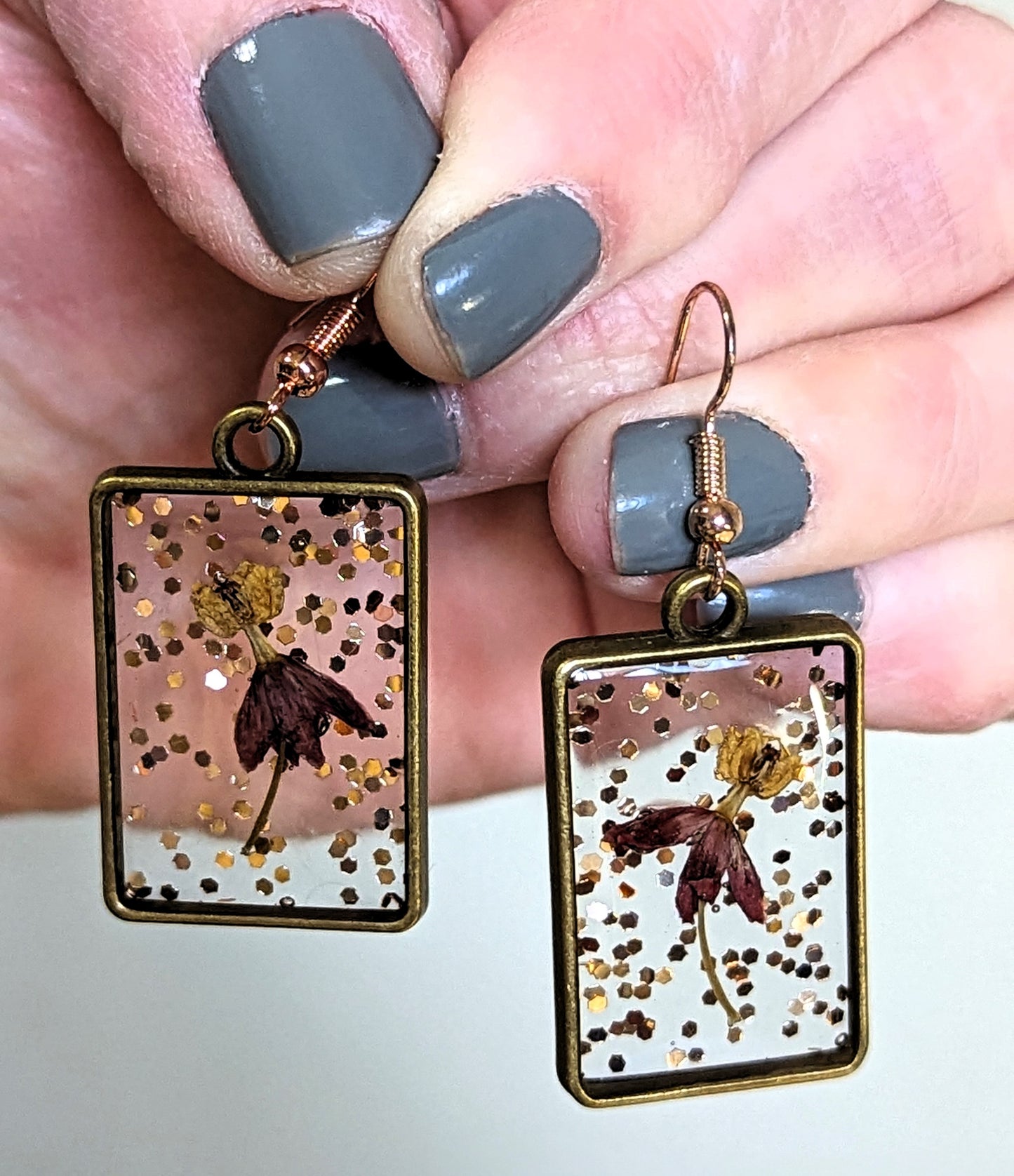 Dancing Grass Flower & Copper Glitter Rectangle Earrings