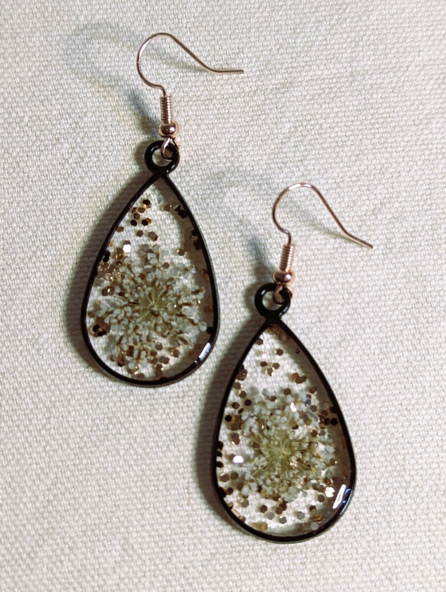 Queen Anne's Lace & Copper Glitter Droplet Earrings