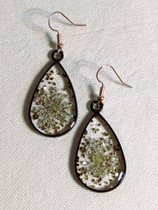Queen Anne's Lace & Copper Glitter Droplet Earrings