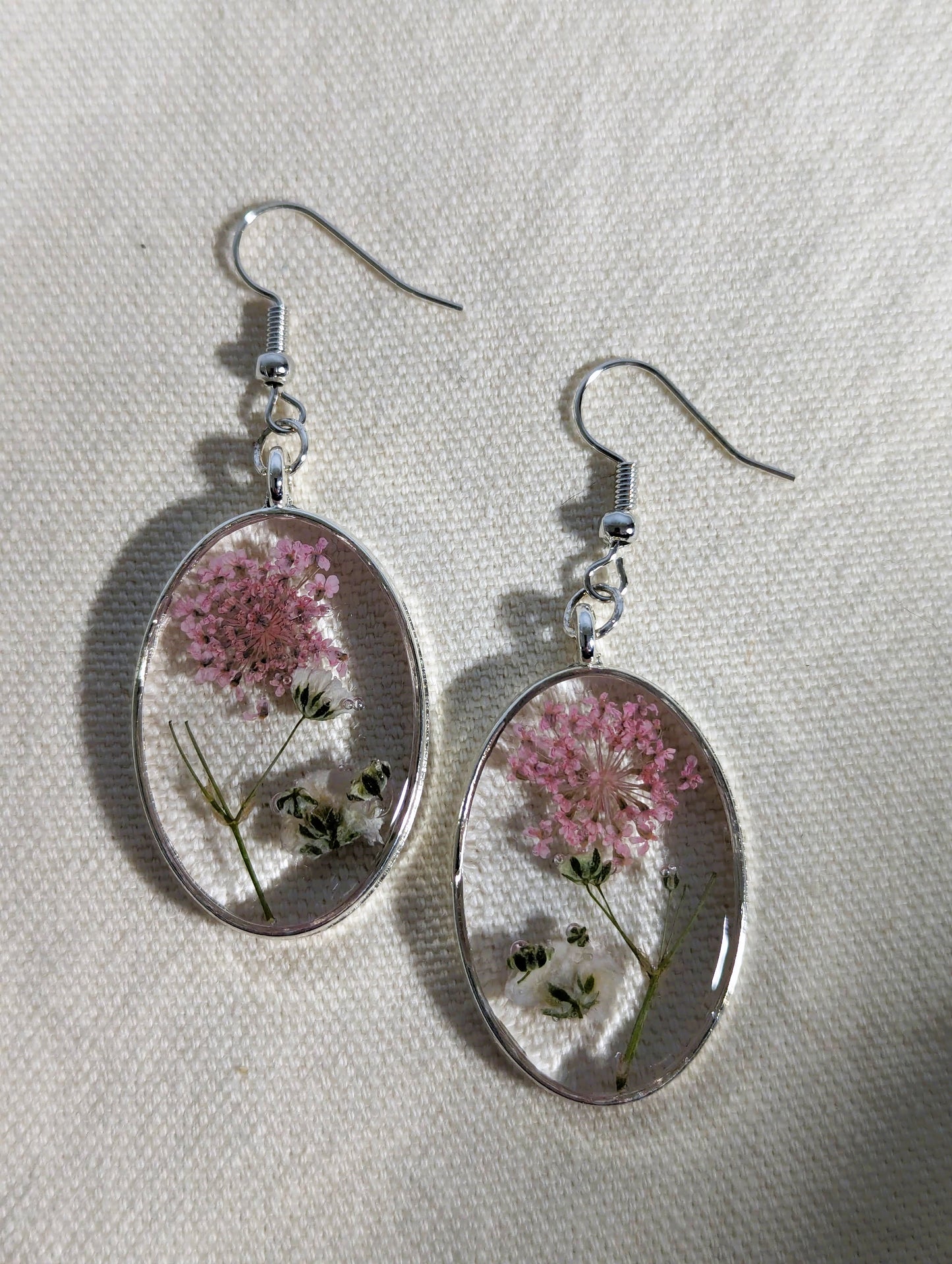 Pink Queen Anne's Lace & Baby's Breath Oval Earrings