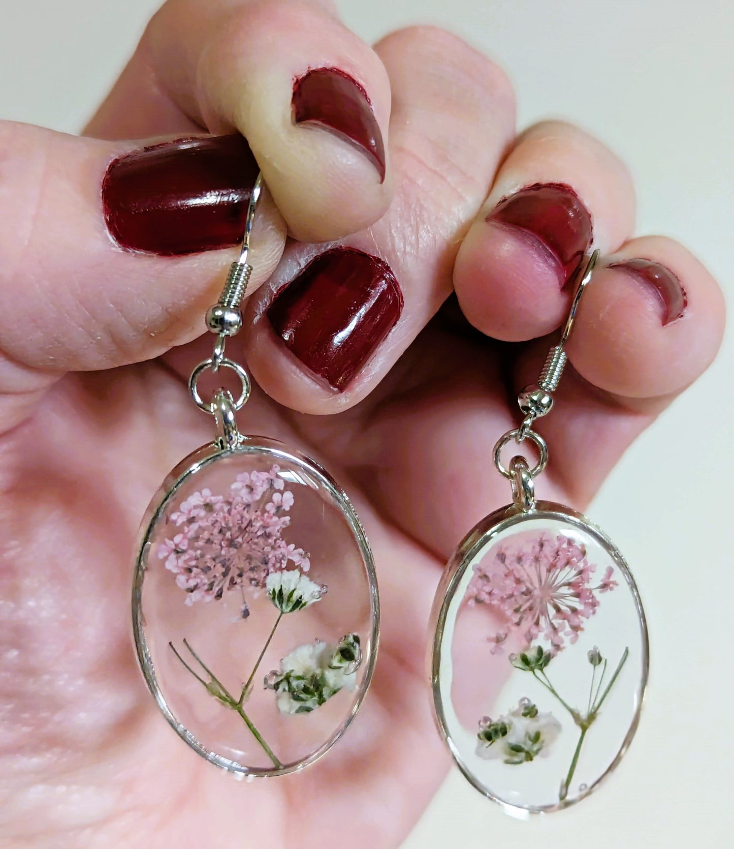 Pink Queen Anne's Lace & Baby's Breath Oval Earrings
