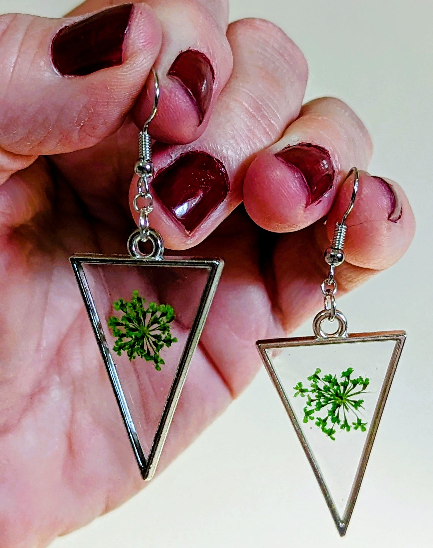 Green Queen Anne's Lace Triangle Earrings