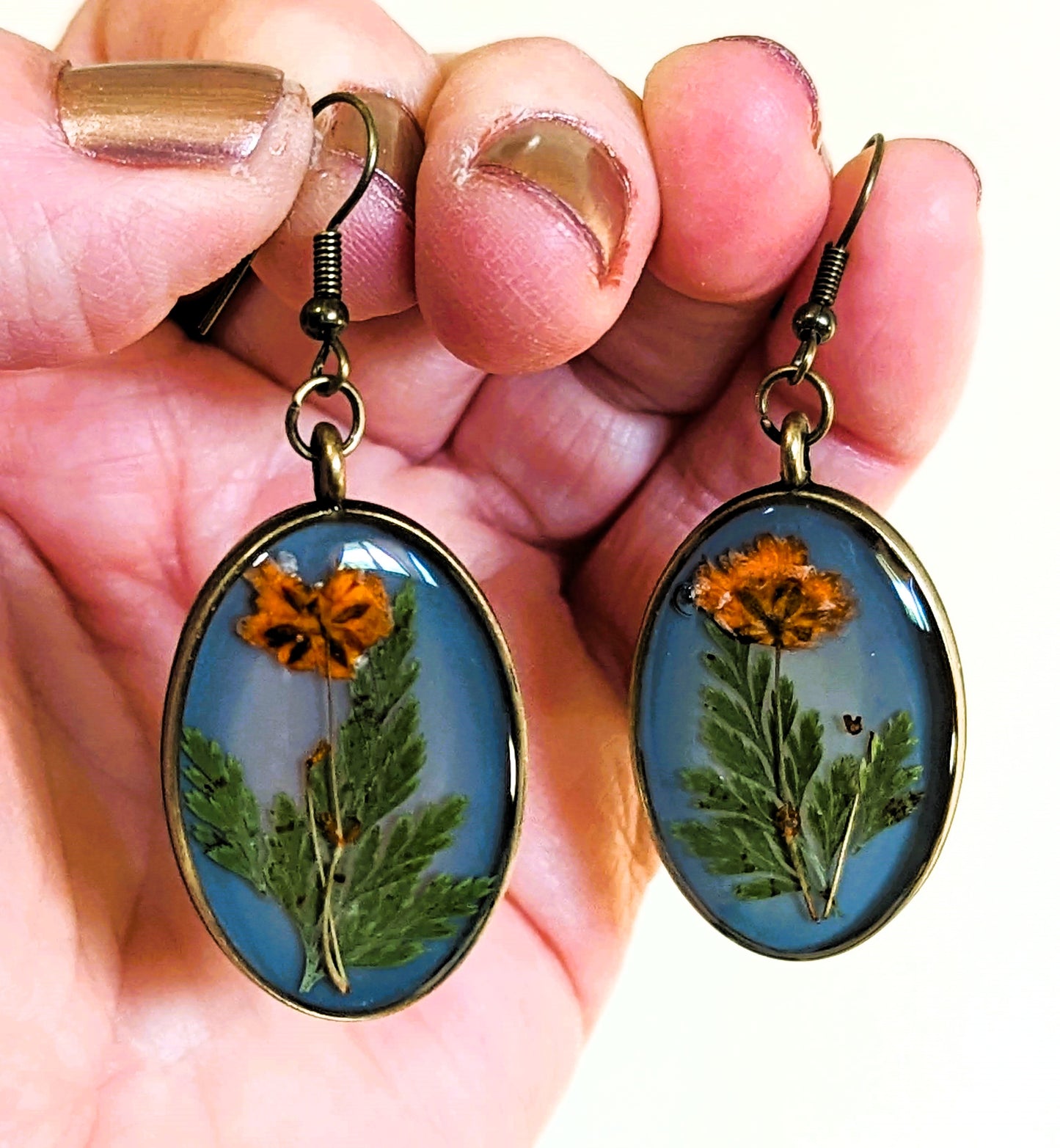 Orange Baby's Breath & Fern Oval Earrings