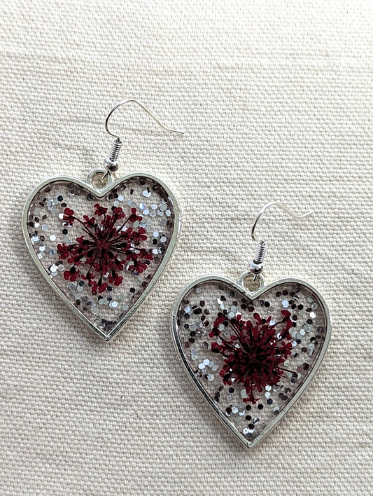 Red Queen Anne's Lace & Silver Glitter Heart Earrings