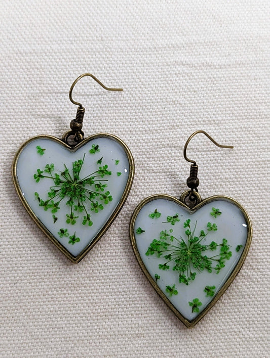 Green Queen Anne's Lace Heart Earrings