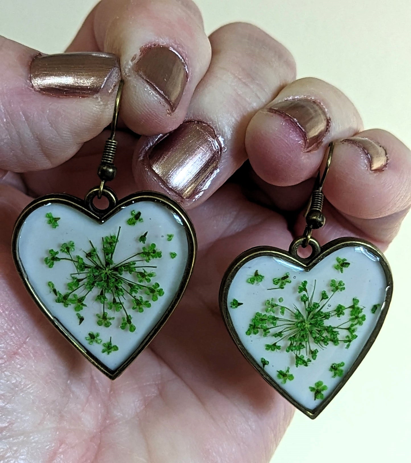 Green Queen Anne's Lace Heart Earrings