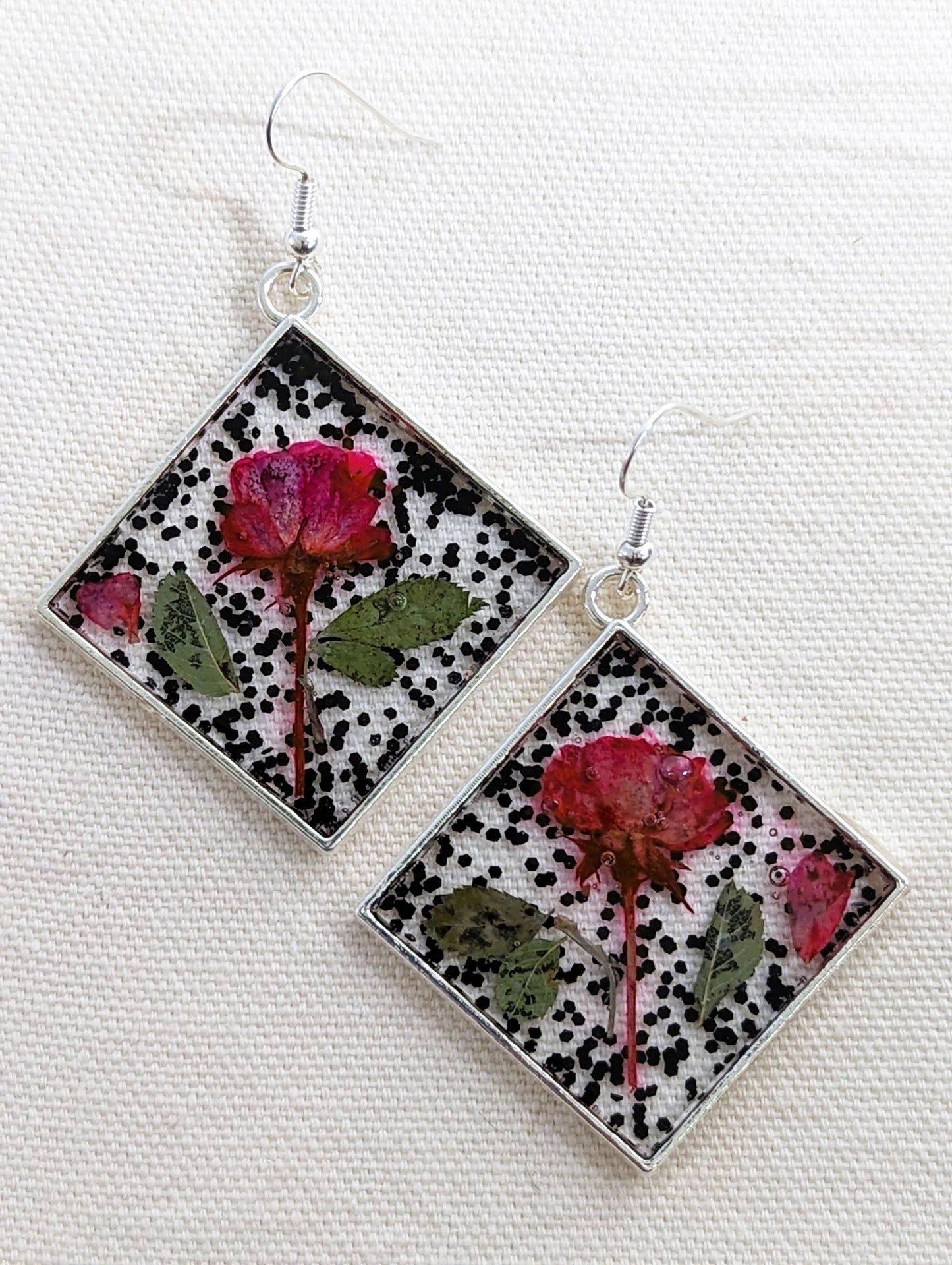 Red Rose & Glitter Square Earrings