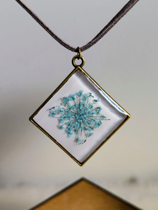 Baby Blue Queen Anne's Lace Square Necklace