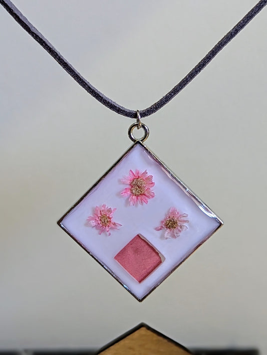 Pink Daisy & Mosaic Tile Square Necklace