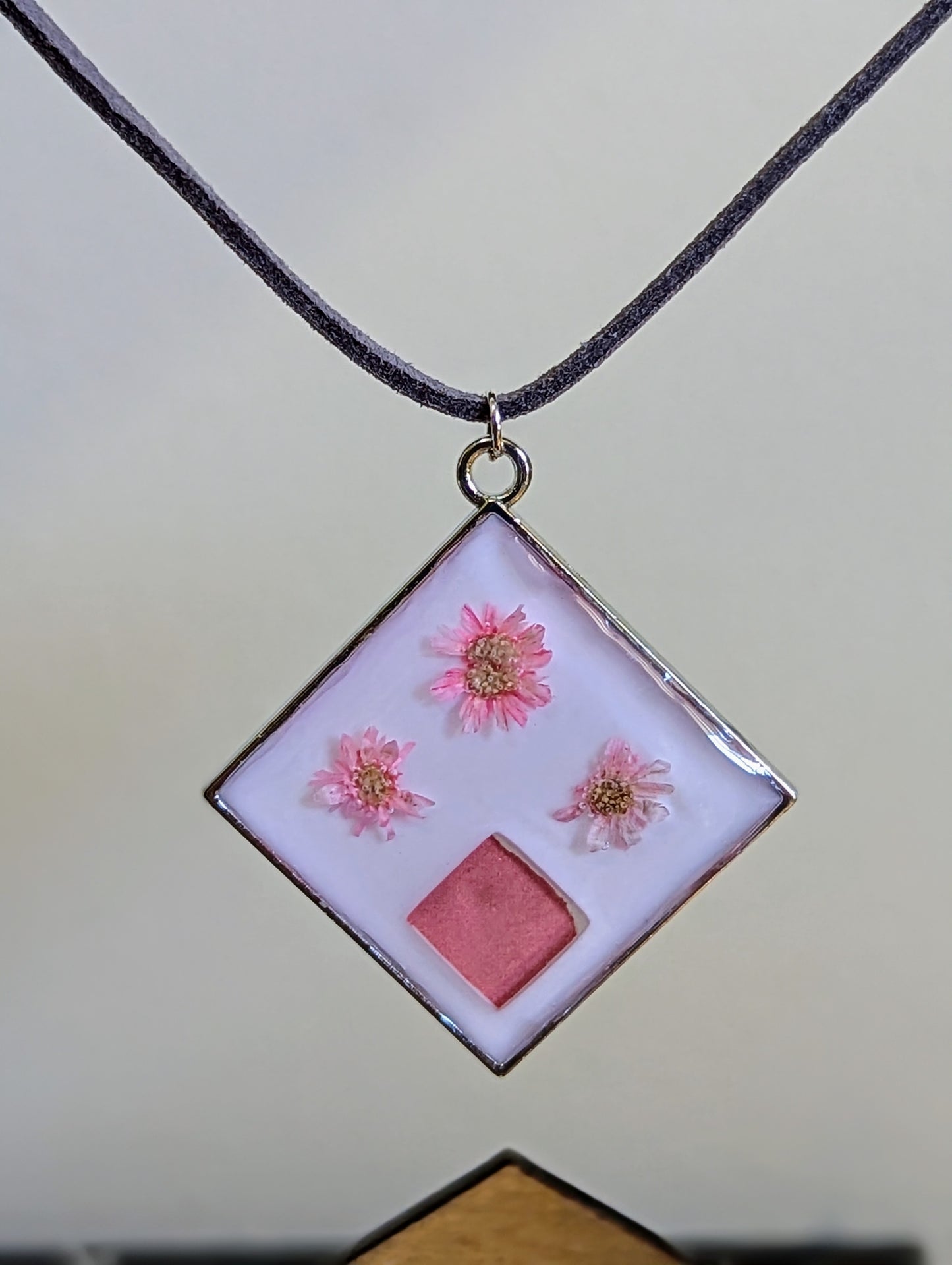 Pink Daisy & Mosaic Tile Square Necklace