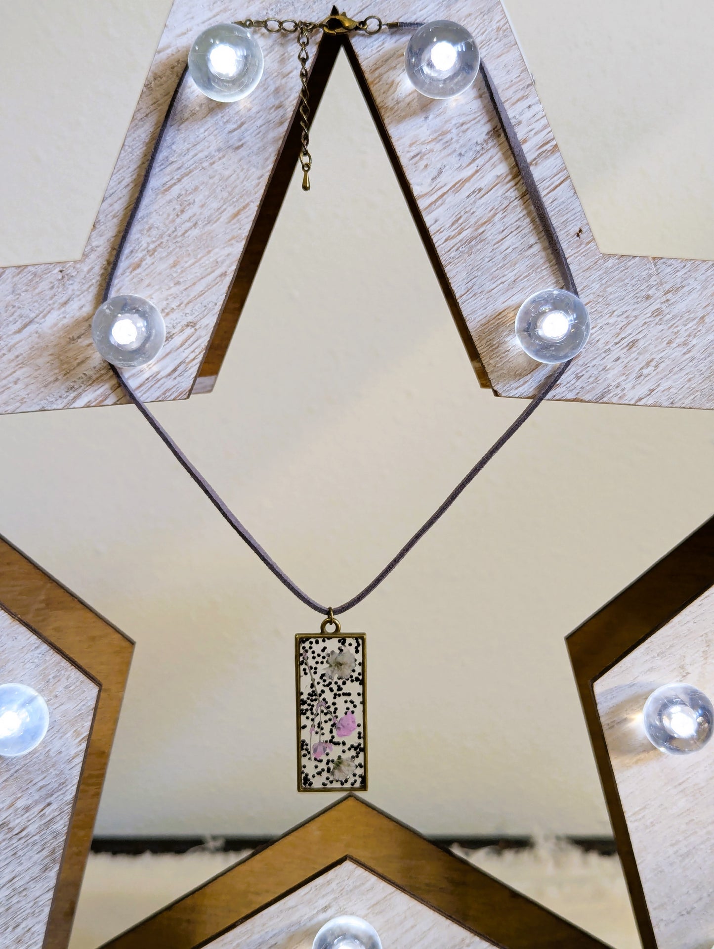 Pink & White Baby's Breath and Glitter Rectangle Necklace