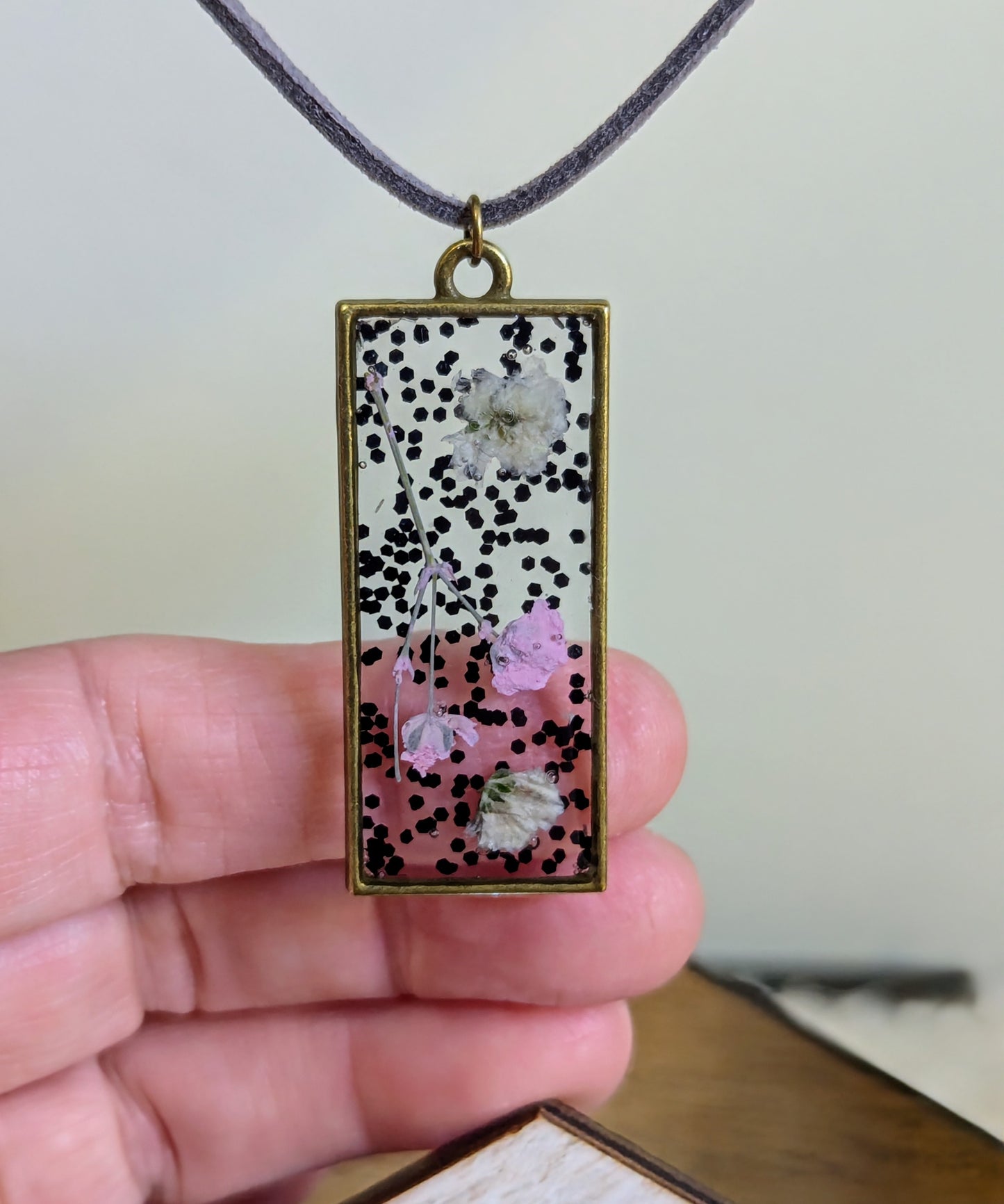 Pink & White Baby's Breath and Glitter Rectangle Necklace