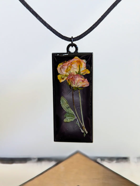 Yellow & Pink Rose Rectangle Necklace