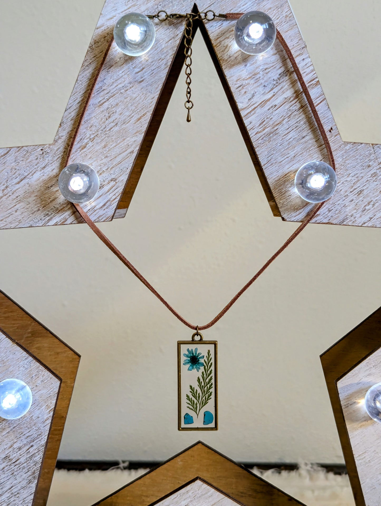 Blue Daisy, Fern & Genuine Turquoise Rectangle Necklace