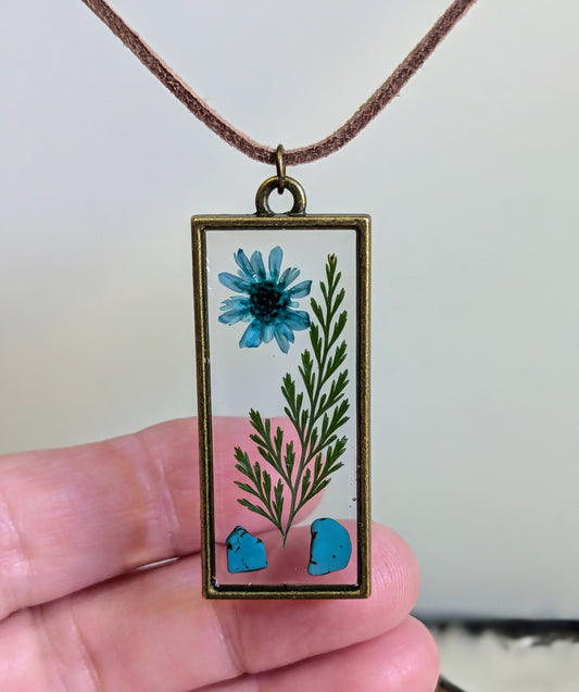 Blue Daisy, Fern & Genuine Turquoise Rectangle Necklace