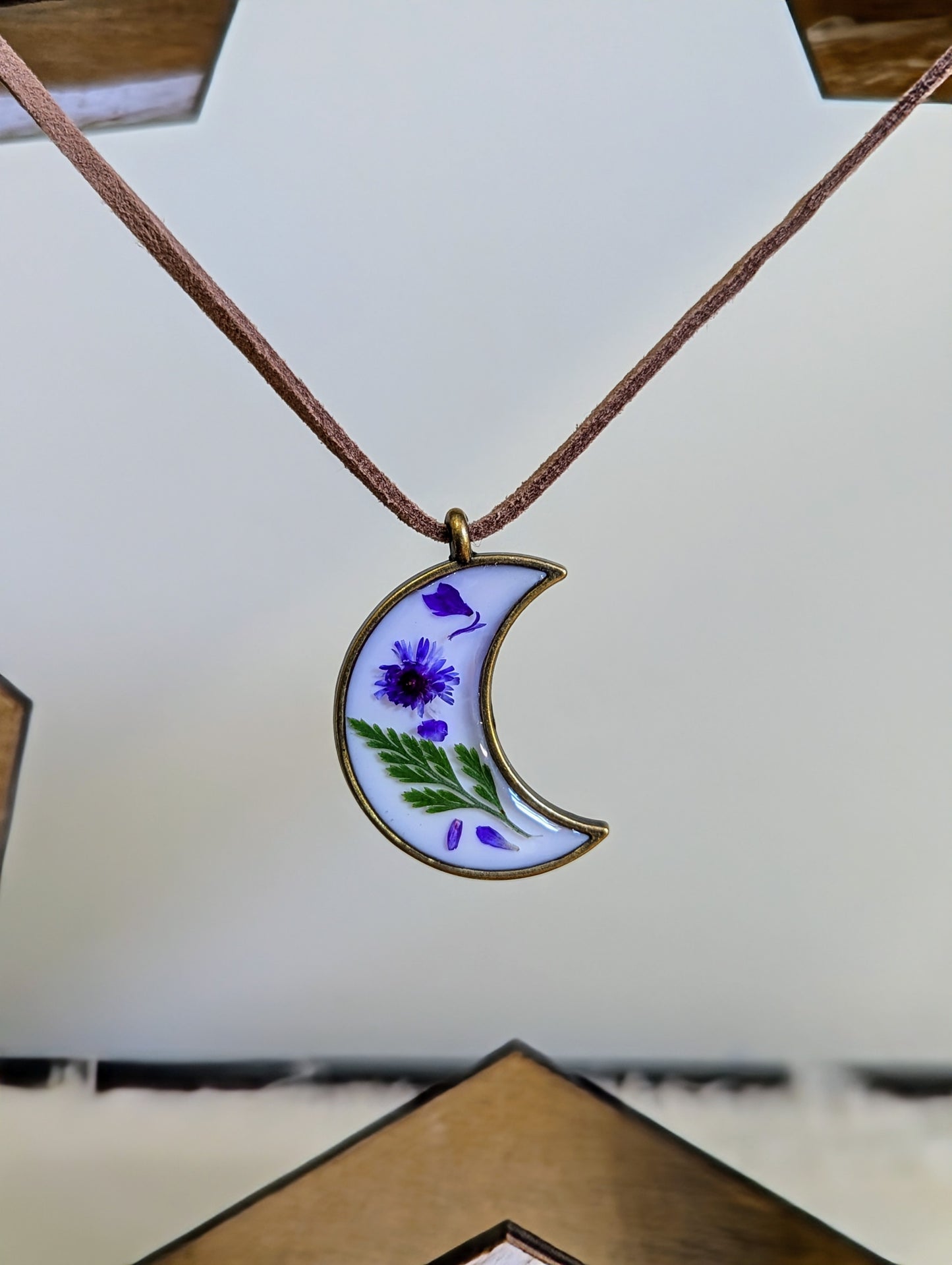 Purple Daisy & Fern Moon Necklace