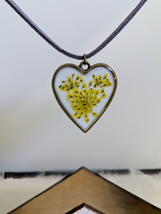 Yellow Queen Anne's Lace Heart Necklace