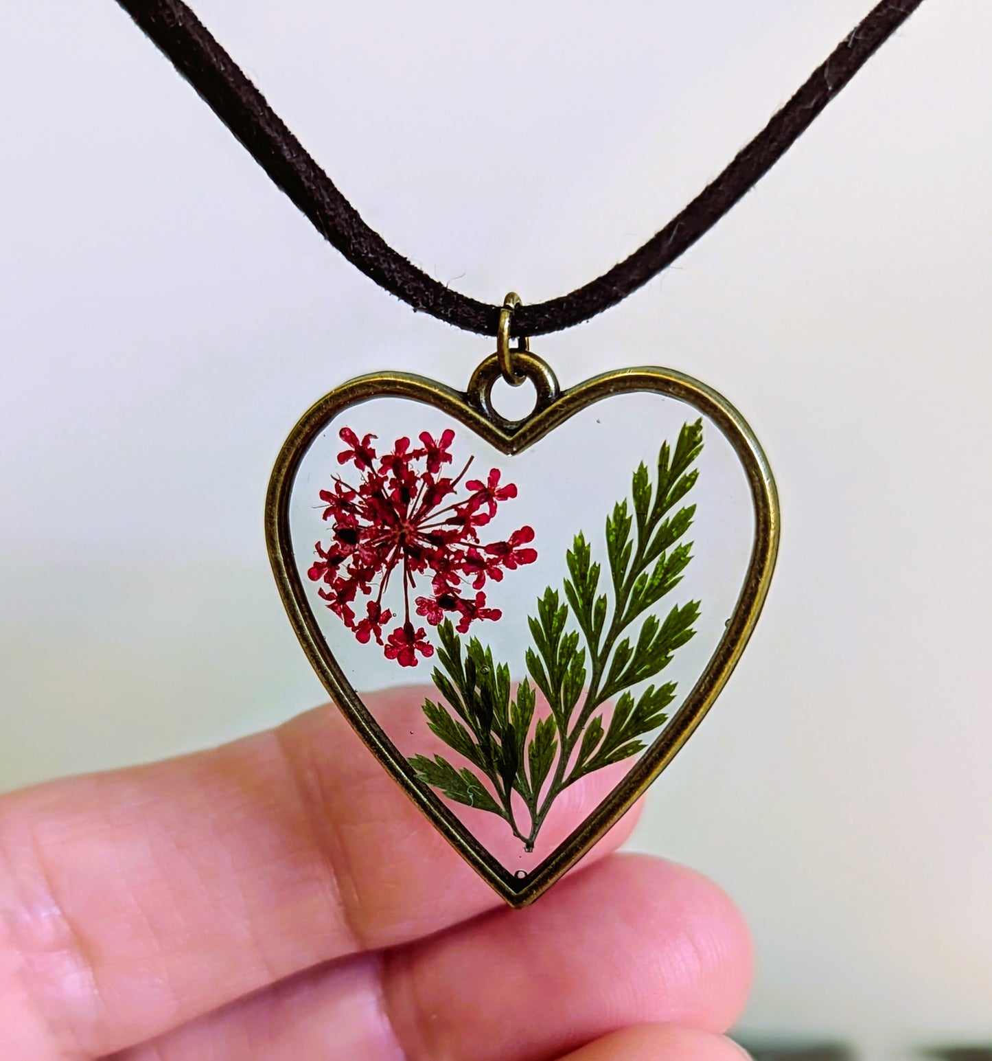 Red Queen Anne's Lace & Fern Heart Necklace