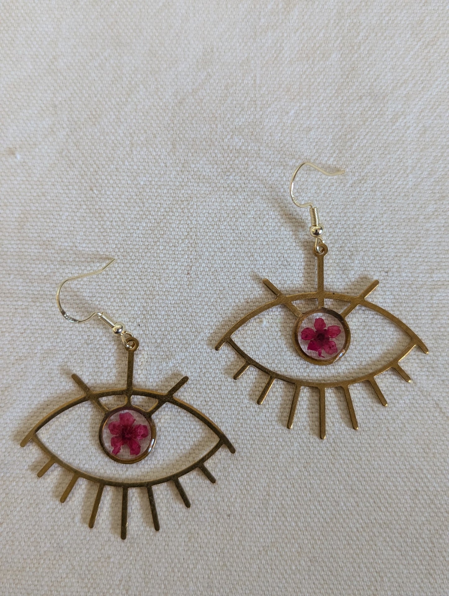 Red Daisy Brass Eye Earrings