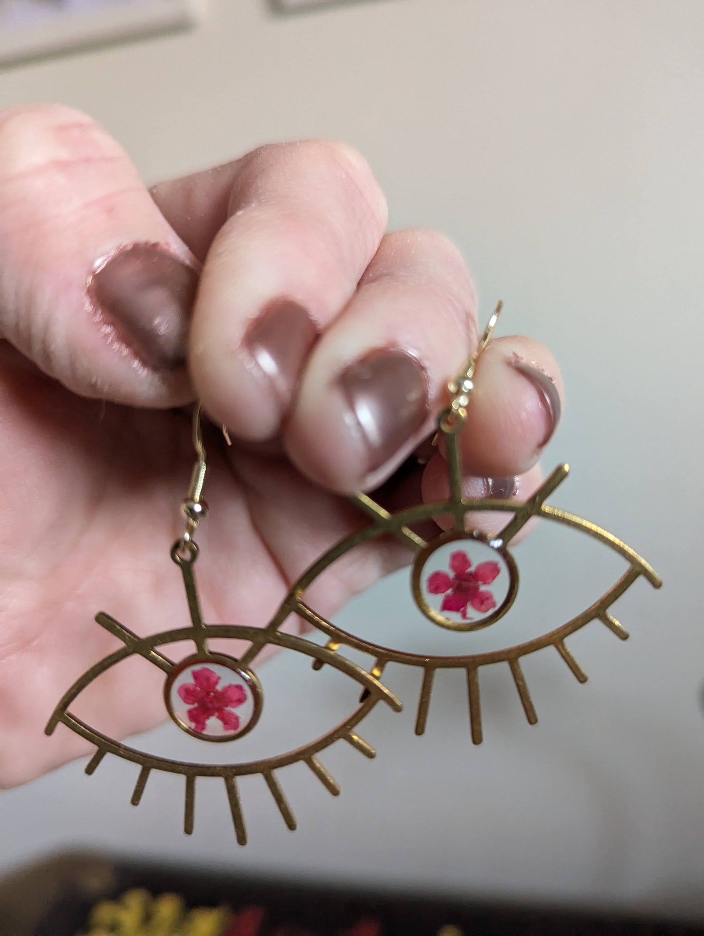 Red Daisy Brass Eye Earrings