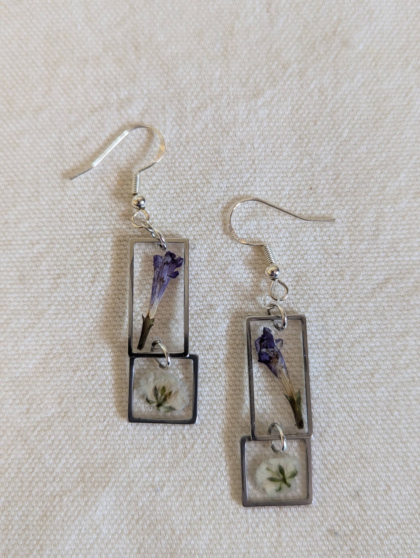 Purple Wildflower & Baby's Breath  Stainless Steel Rectangle Earrings