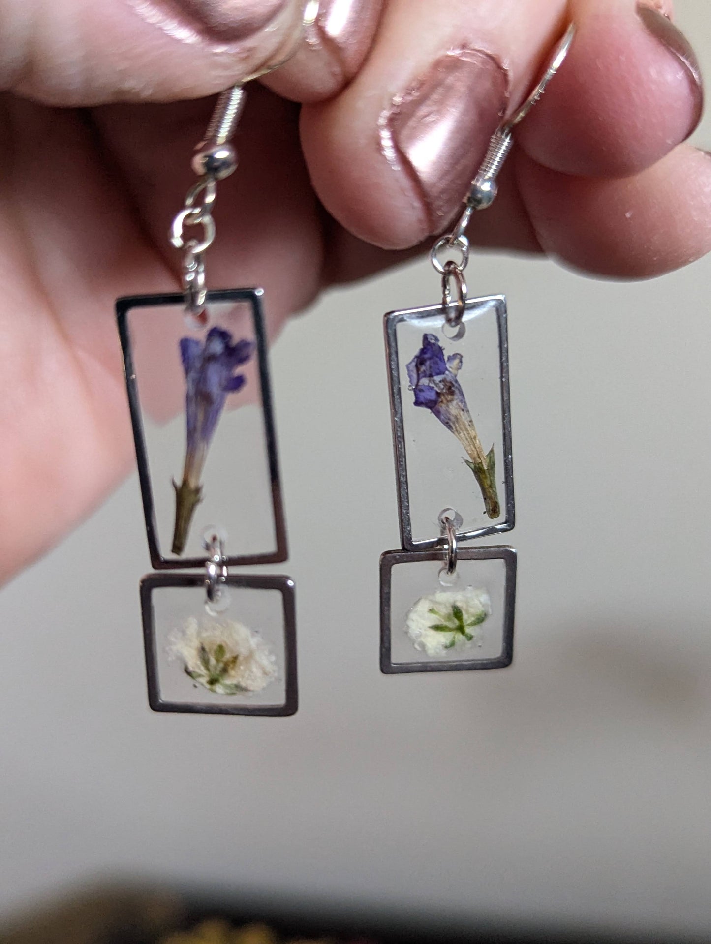 Purple Wildflower & Baby's Breath  Stainless Steel Rectangle Earrings