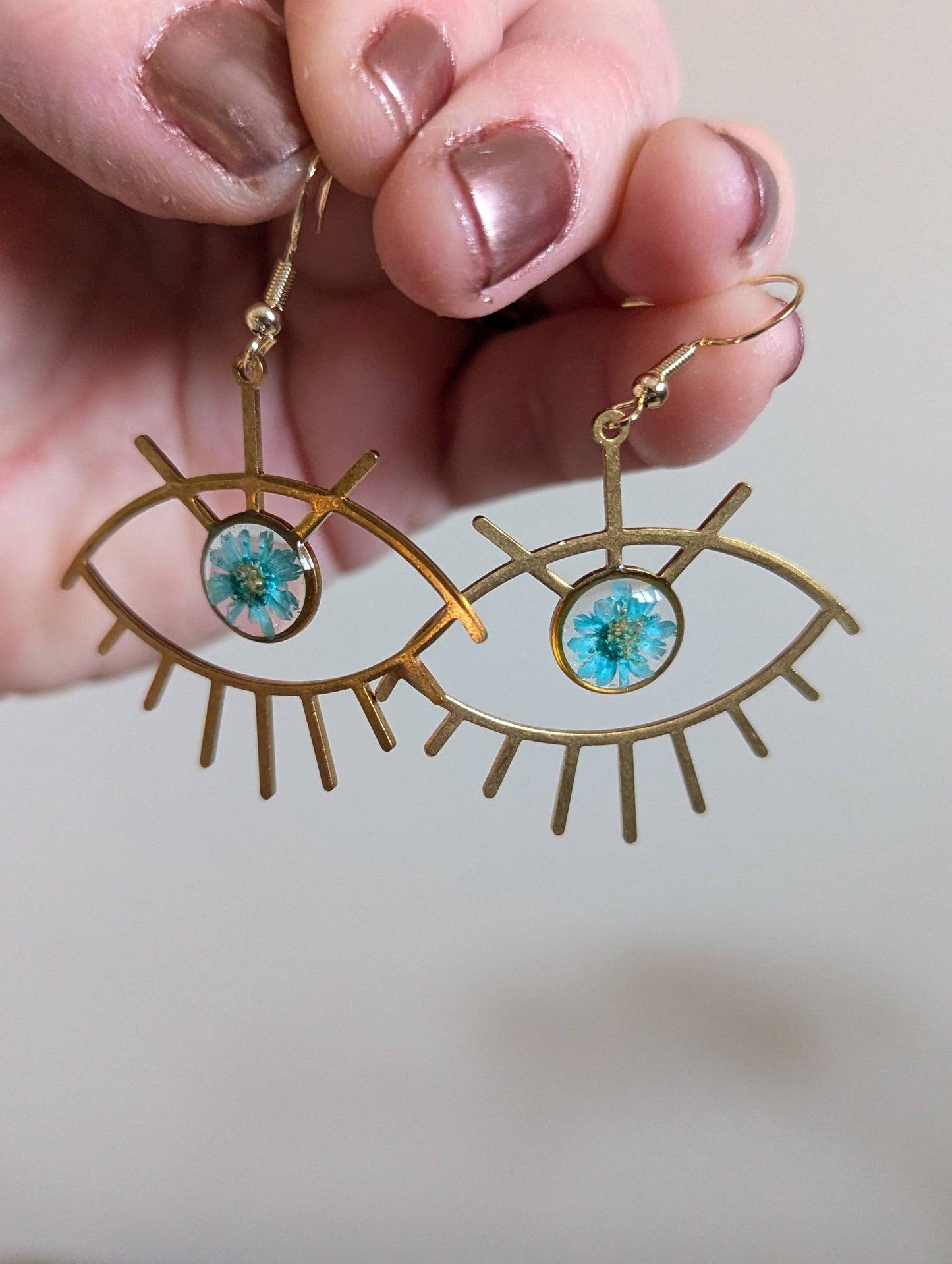 Light Blue Daisy Brass Eye Earrings