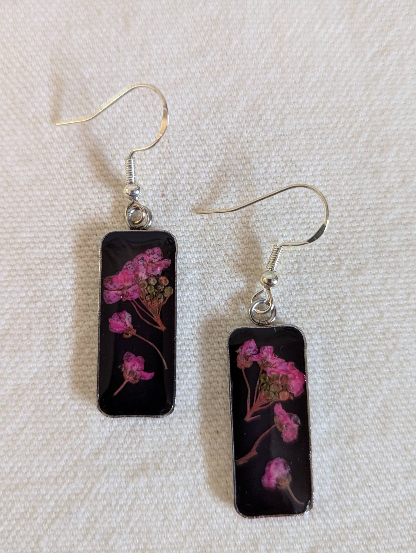Pink Wildflower Stainless-Steel Rectangle Earrings